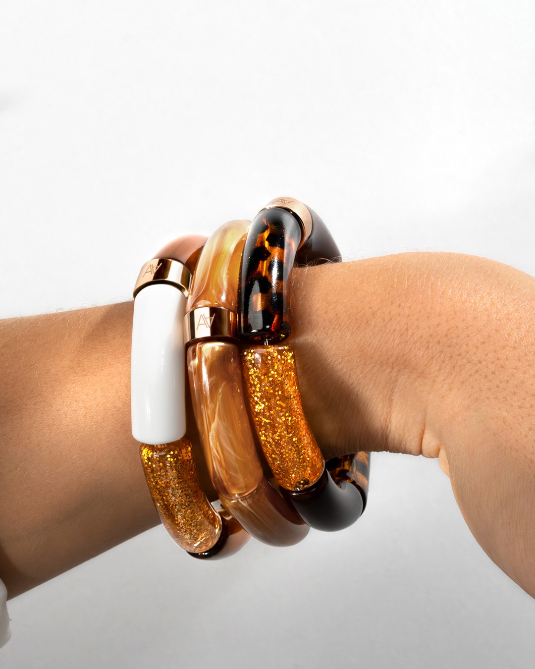 Bracelet Lueurs d'automne Ambre, paillettes, vert olive, blanc et beige marbré Aliano