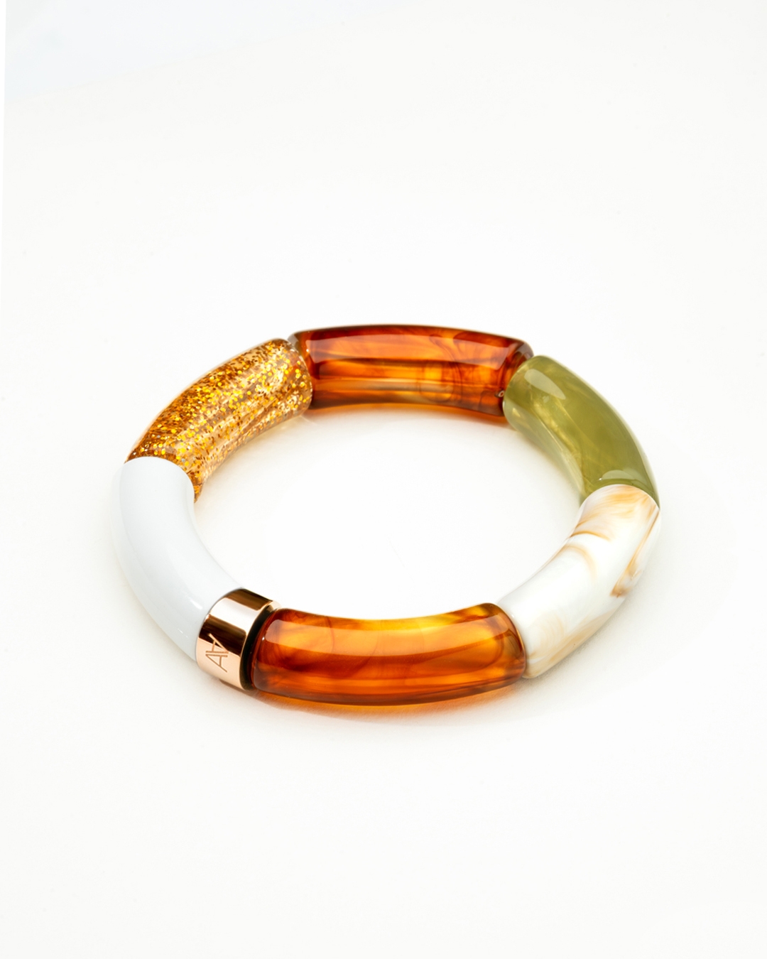 Packshot Bracelet Lueurs d'automne Ambre, paillettes, vert olive, blanc et beige marbré Aliano